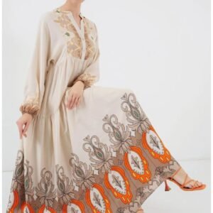 Alternative view of Bohemian Print Maxi Abaya Dress – Loose Fit, Beige & Orange Modest Wear