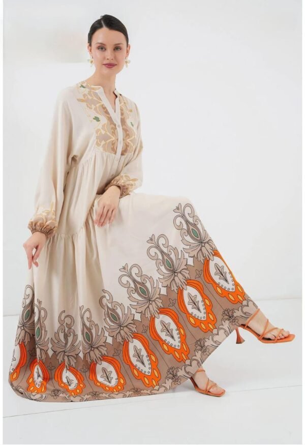 Bohemian Print Maxi Abaya Dress – Loose Fit, Beige & Orange Modest Wear - Image 2