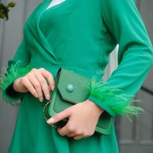 Alternative view of Green Peplum Two-Piece Set – Stylish Tunic with Feather Sleeve Detail & Wide-Leg Pants