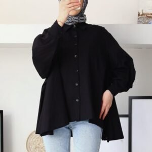 Black Oversized Button-Down Tunic – Modest Long Sleeve Top