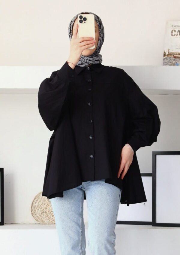 Black Oversized Button-Down Tunic – Modest Long Sleeve Top