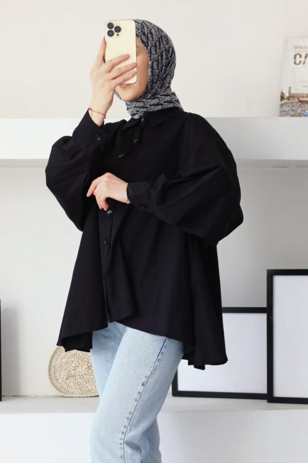 Black Oversized Button-Down Tunic – Modest Long Sleeve Top - Image 2