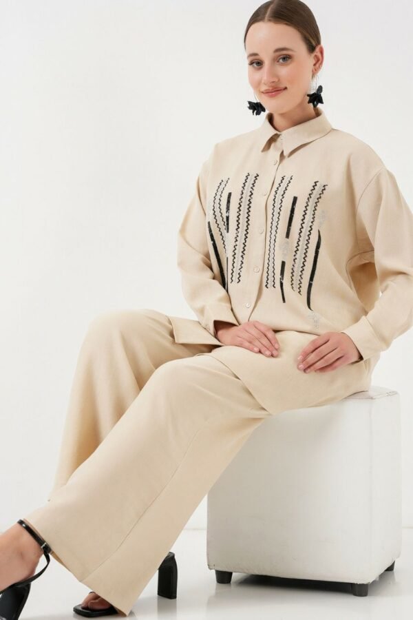 Beige Embroidered Two-Piece Set