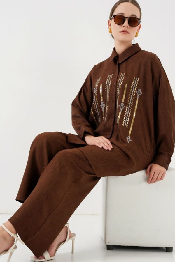 Chocolate Brown Embroidered Two-Piece Set