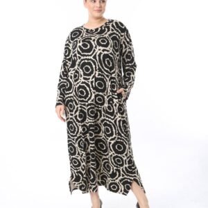 Tribal Circle Print Maxi Abaya Dress – Bold Geometric Style, Loose Fit & Modest Comfort