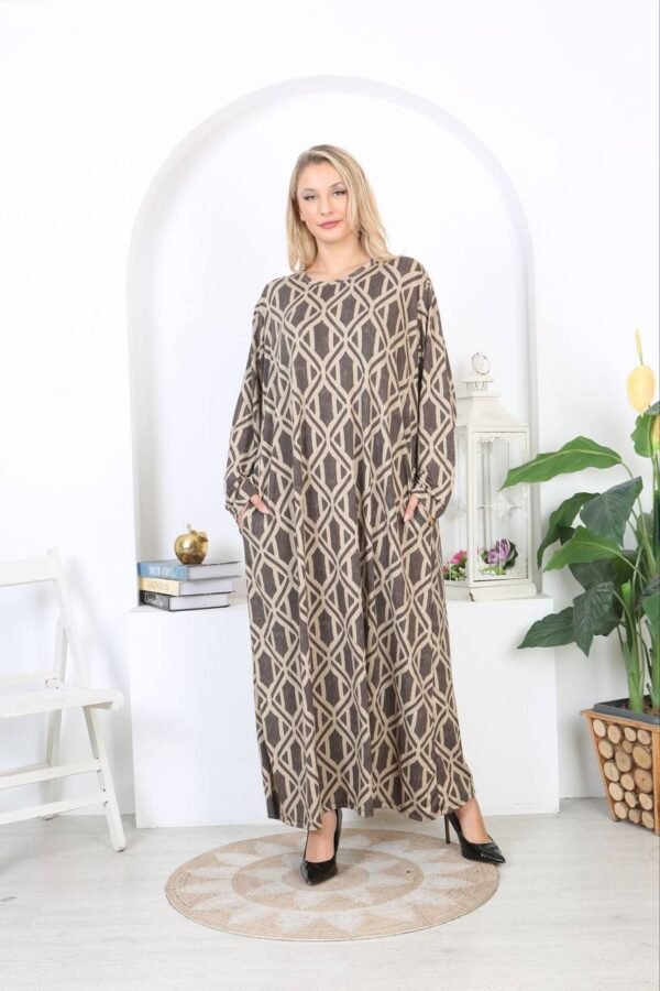 Brown & Beige Interlock Geometric Maxi Dress – Loose Fit, Long Sleeve, Modest Wear