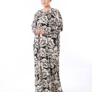 Monochrome Ikat Floral Maxi Abaya Dress – Loose Fit, Artistic & Modest