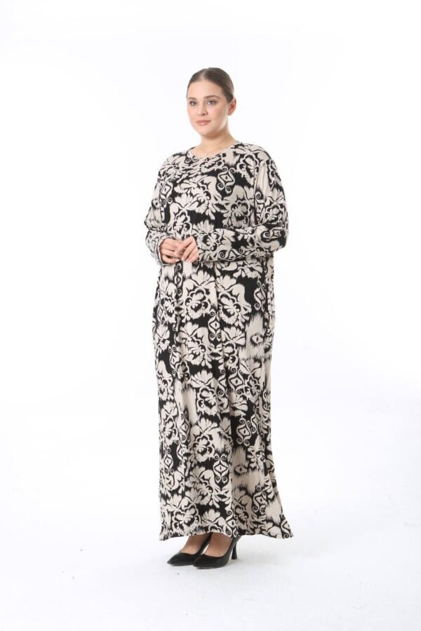 Monochrome Ikat Floral Maxi Abaya Dress – Loose Fit, Artistic & Modest