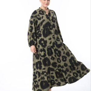 Olive Green Leopard Print Maxi Dress – Loose Fit, Modest & Stylish