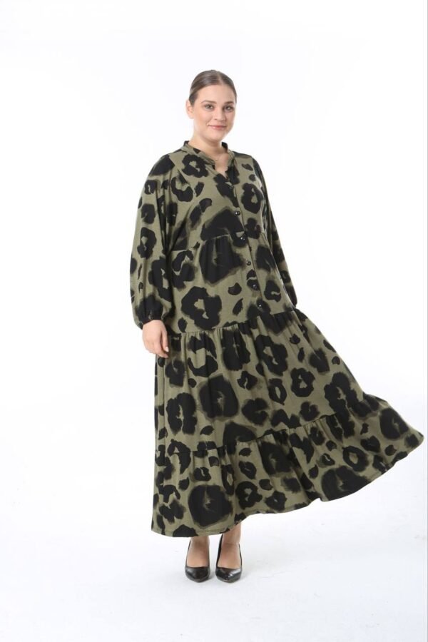 Olive Green Leopard Print Maxi Dress – Loose Fit, Modest & Stylish