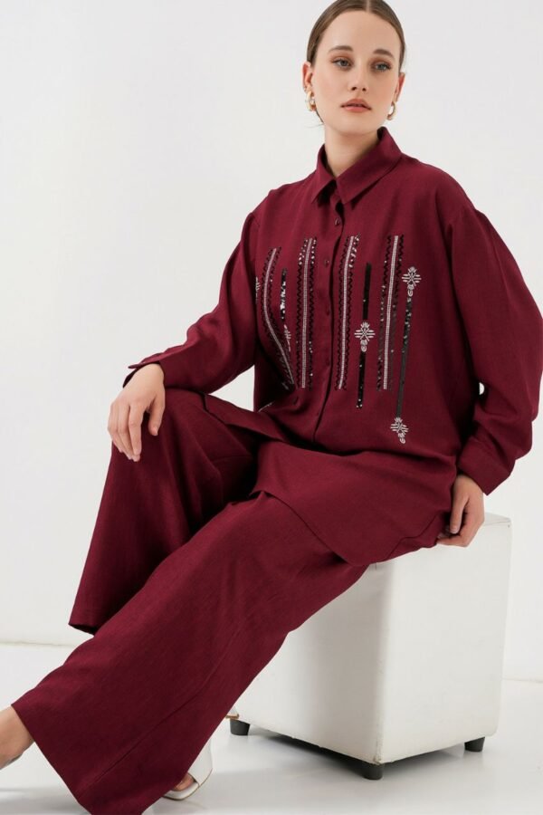Embroidered Burgundy Two-Piece Set – Modest Tunic & Wide-Leg Pants