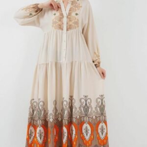 Bohemian Print Maxi Abaya Dress – Loose Fit, Beige & Orange Modest Wear