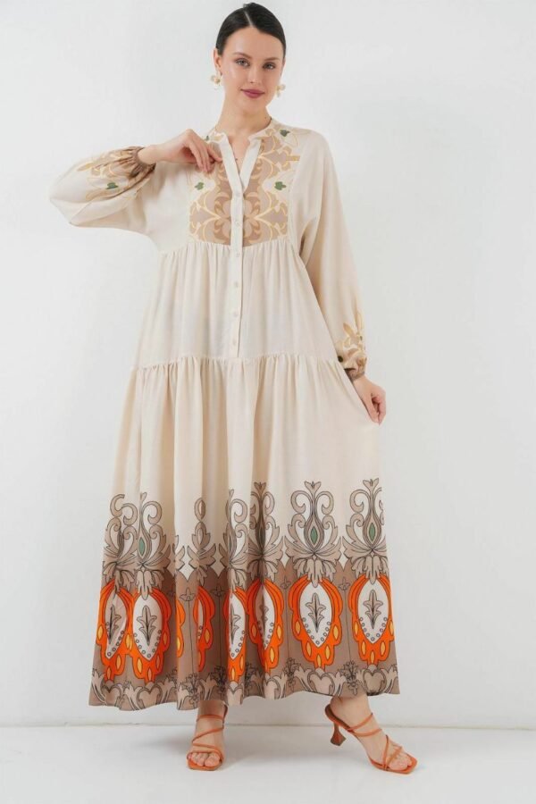 Bohemian Print Maxi Abaya Dress – Loose Fit, Beige & Orange Modest Wear