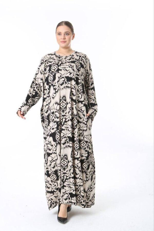 Monochrome Ikat Floral Maxi Abaya Dress – Loose Fit, Artistic & Modest - Image 2